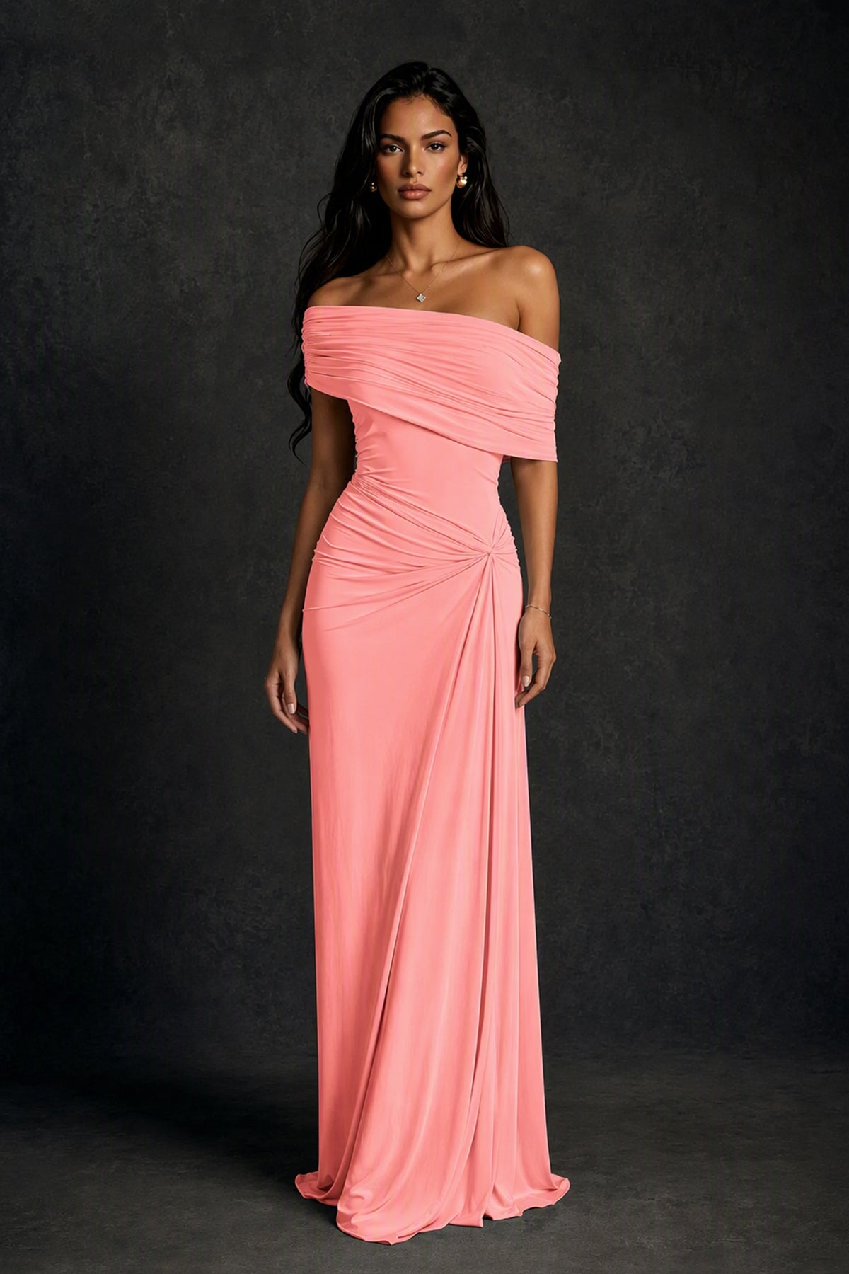 BOLODOO Coral Off-Shoulder Ruched Maxi Dress - Coral