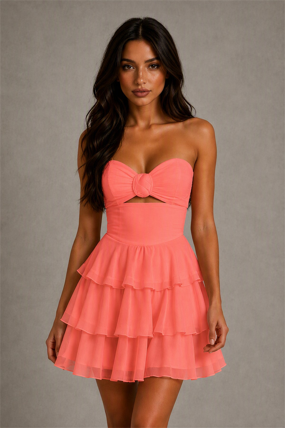 BOLODOO Coral Strapless Sweetheart Cutout Tiered Ruffle Mini Dress | Homecoming Cocktail Party Dress - Coral