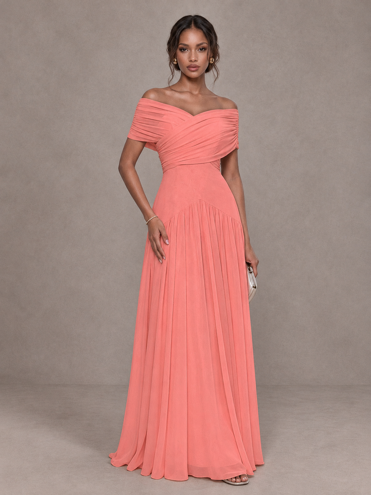 BOLODOO Coral Off-Shoulder Ruched A-Line Bridesmaid Dress - Coral - Coral (1)