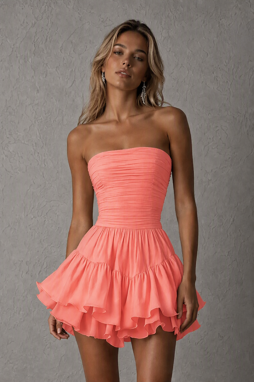 BOLODOO Coral Strapless Ruched Tiered Ruffle Puff Mini Dress | Sleeveless Homecoming Party Dress - Coral