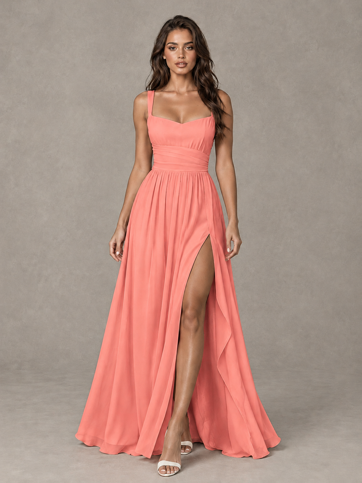 BOLODOO Coral A-Line Bridesmaid Dress with High Slit & Lace-Up Back - Coral - Coral (1)