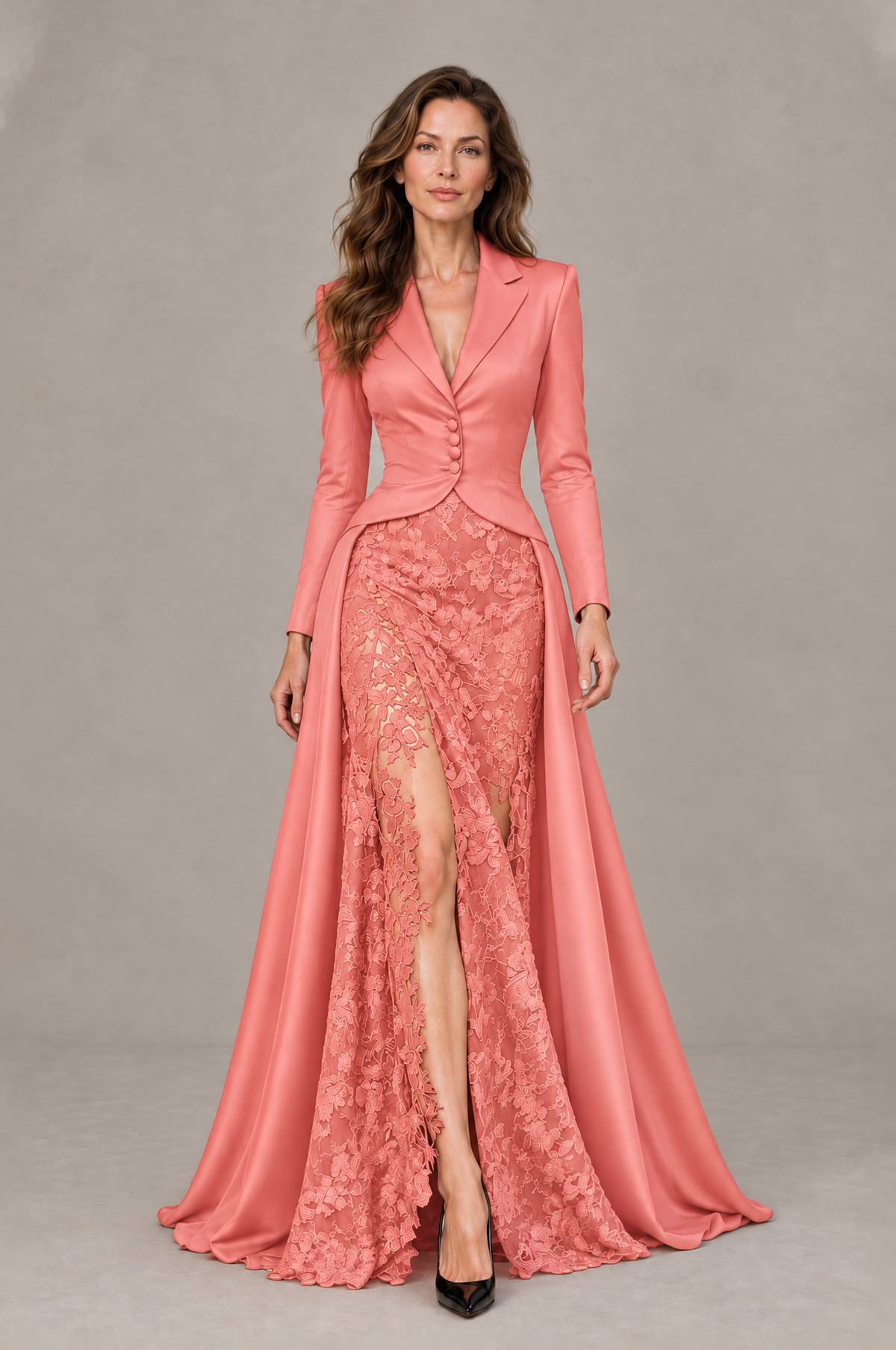BOLODOO Coral Long Sleeve Lace Blazer Gown with High Slit - Coral - Coral (1)