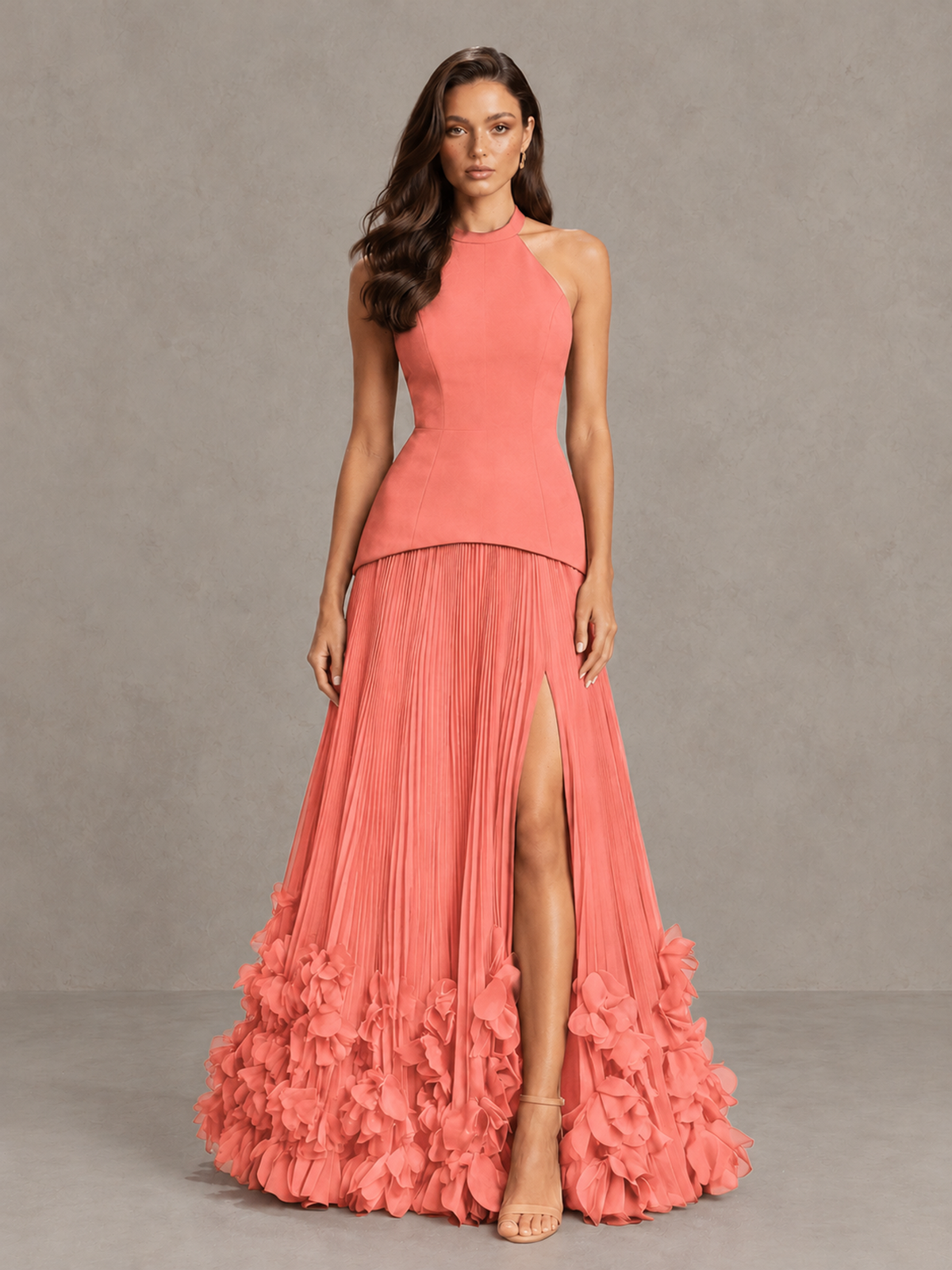 BOLODOO Coral Halter Neck Floor-Length Evening Gown with High Slit & 3D Floral Hem - Coral - Coral (1)