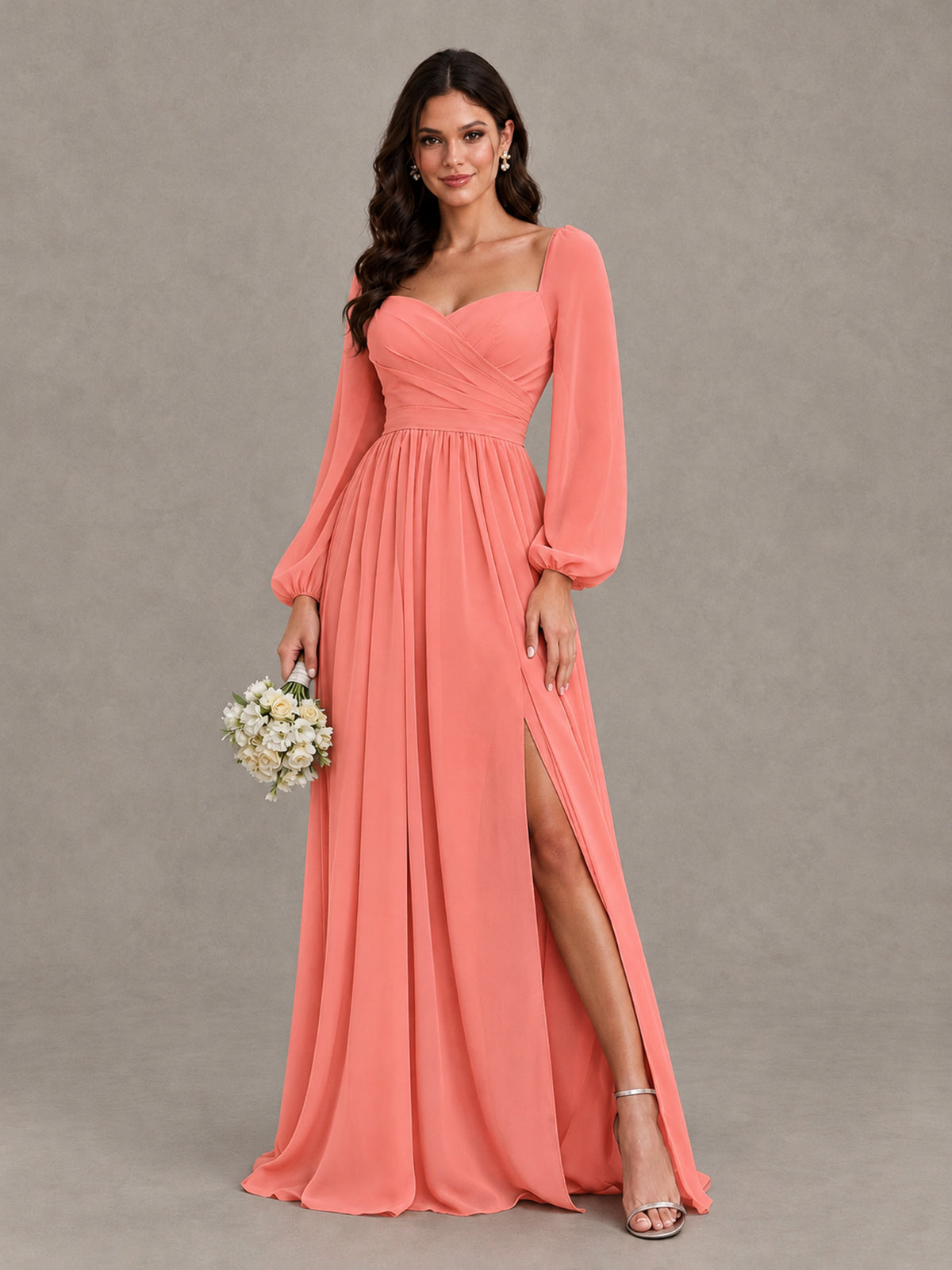 BOLODOO Coral Long Sleeve Chiffon Bridesmaid Dress with Slit - Coral - Coral (1)