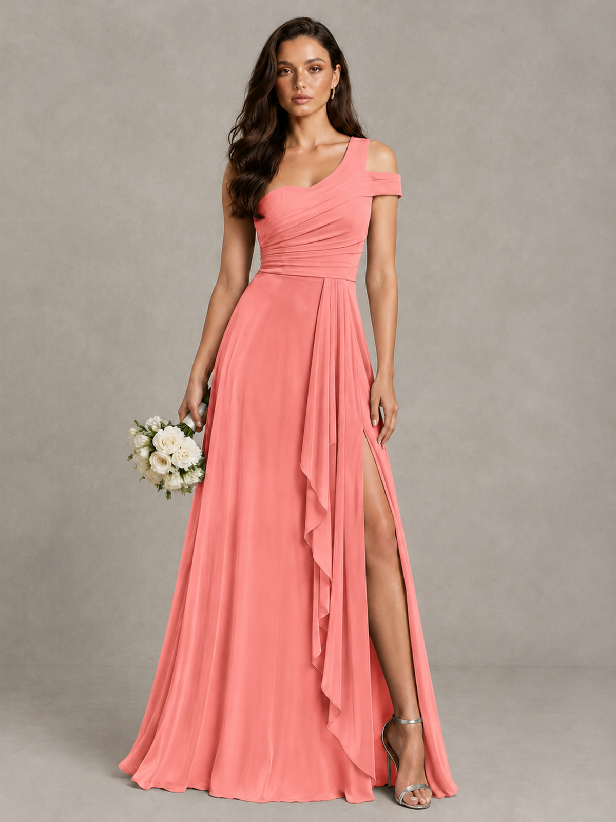 BOLODOO Coral One-Shoulder Bridesmaid Dress with Side Slit - Coral - Coral (1)