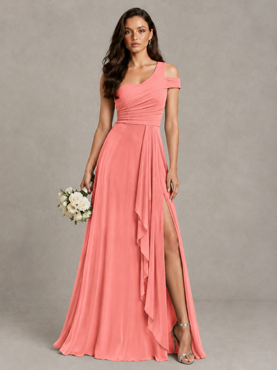 BOLODOO Coral One-Shoulder Bridesmaid Dress with Side Slit - Coral - Coral (1)
