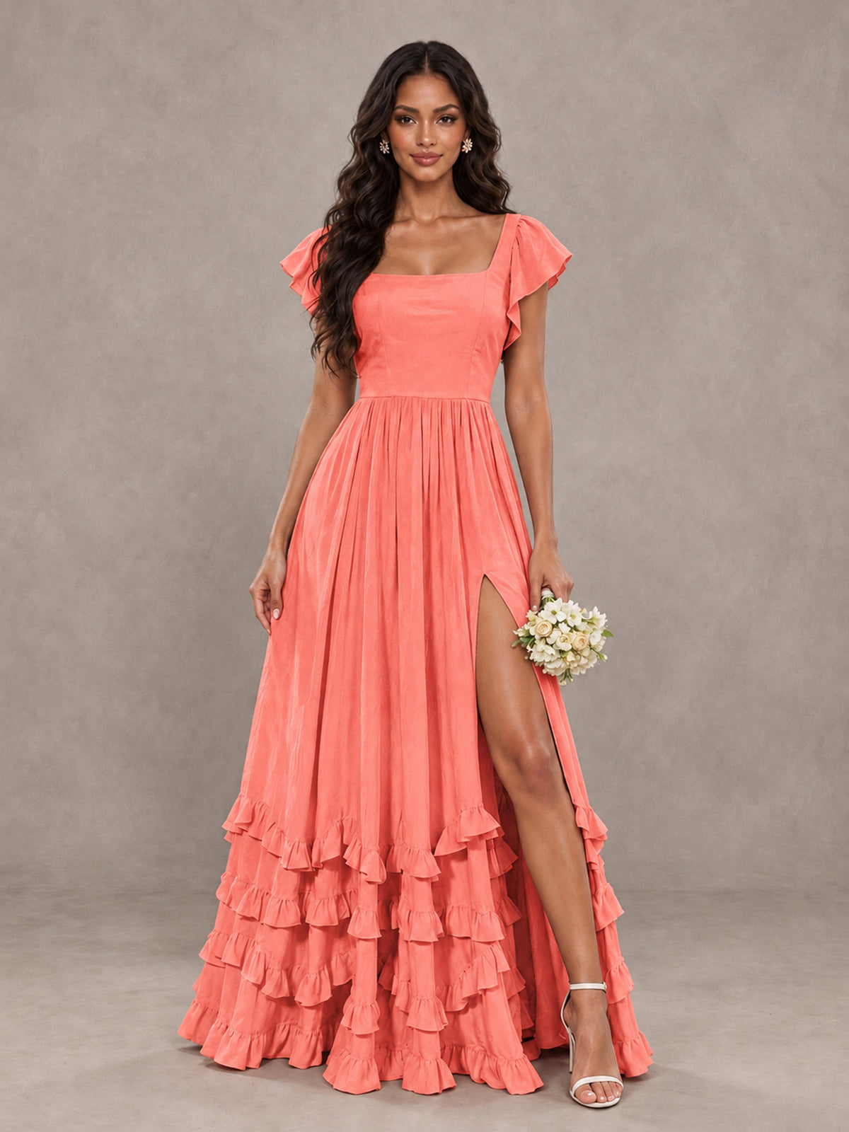 BOLODOO Coral Flutter Sleeve Ruffle Bridesmaid Dress with Slit - Coral - Coral (1)