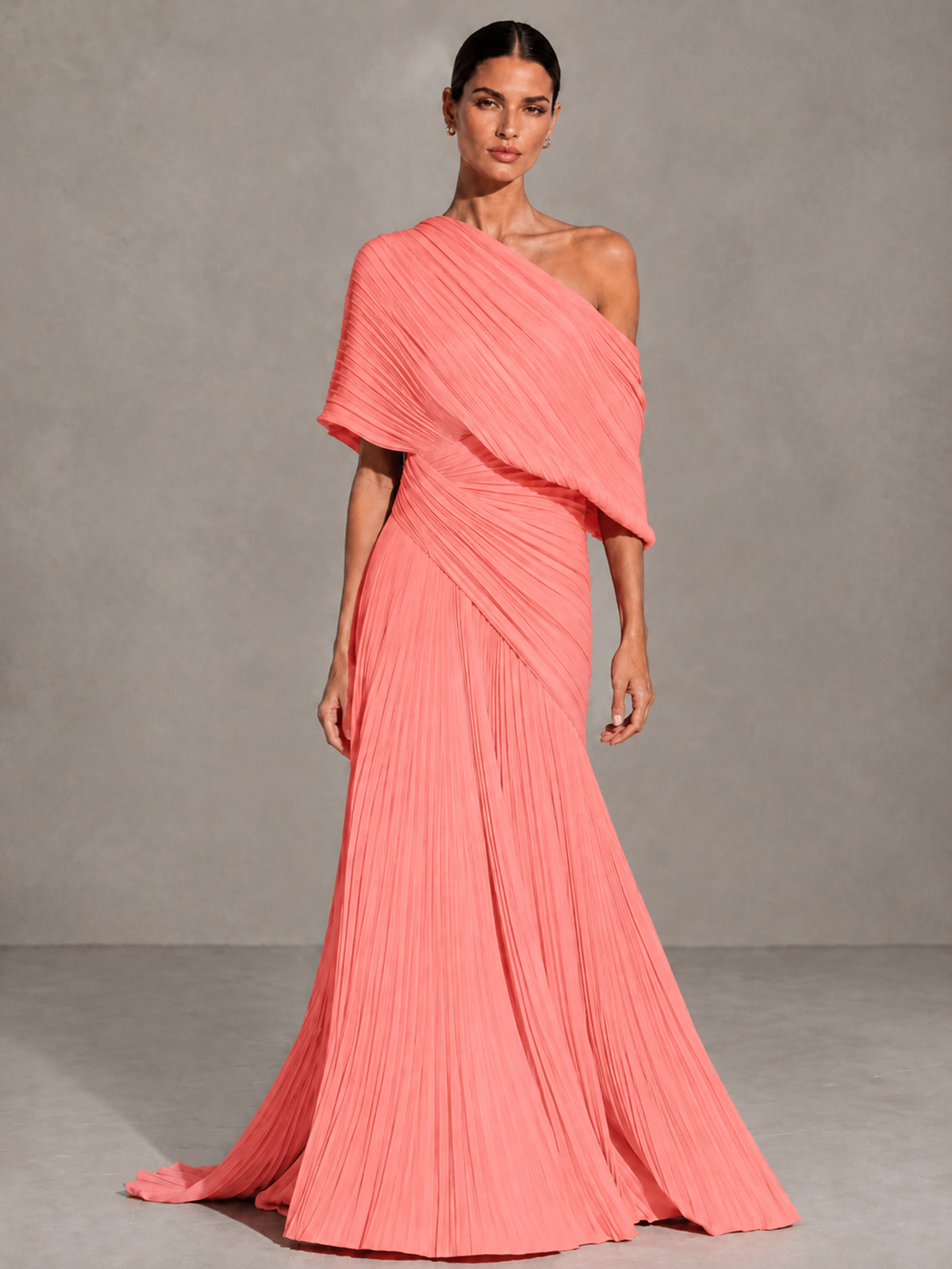 BOLODOO Coral One-Shoulder Pleated Cape Evening Gown with Train - Coral - Coral (1)