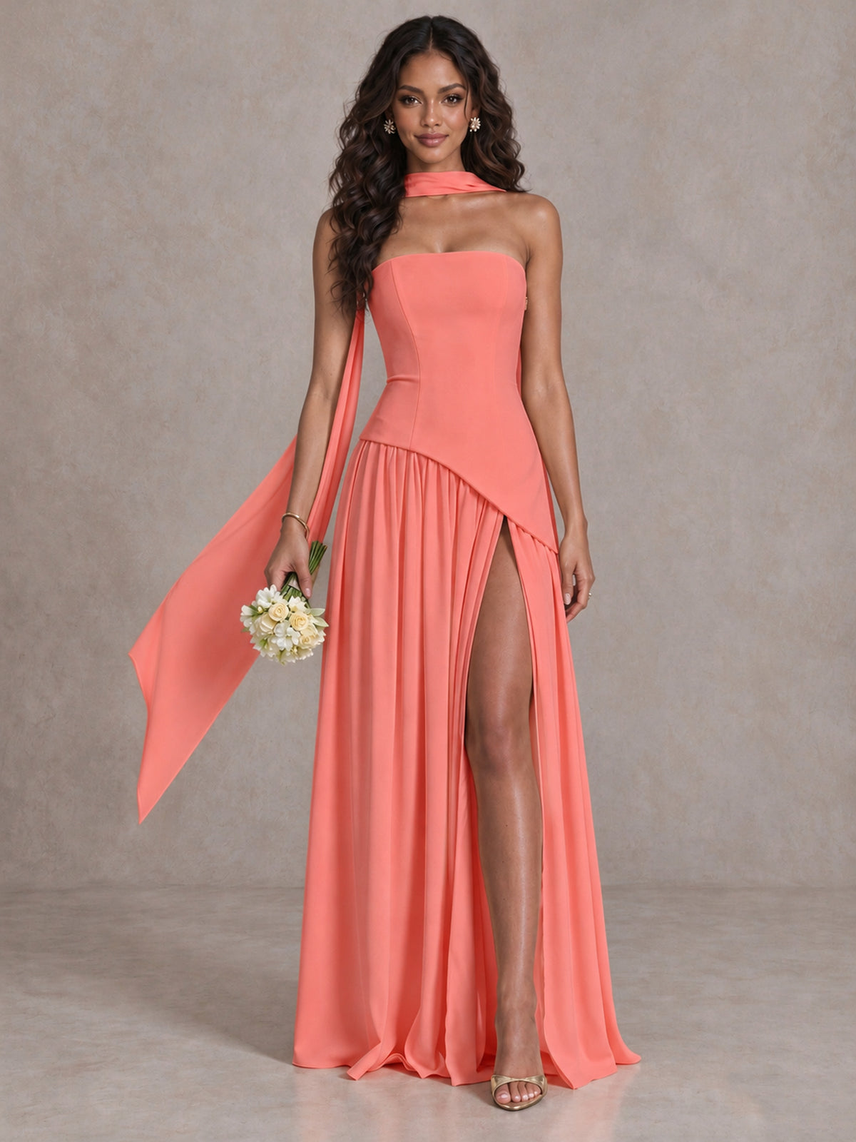Coral Strapless Bridesmaid Dress with Scarf & High Slit - Coral - Coral (1)