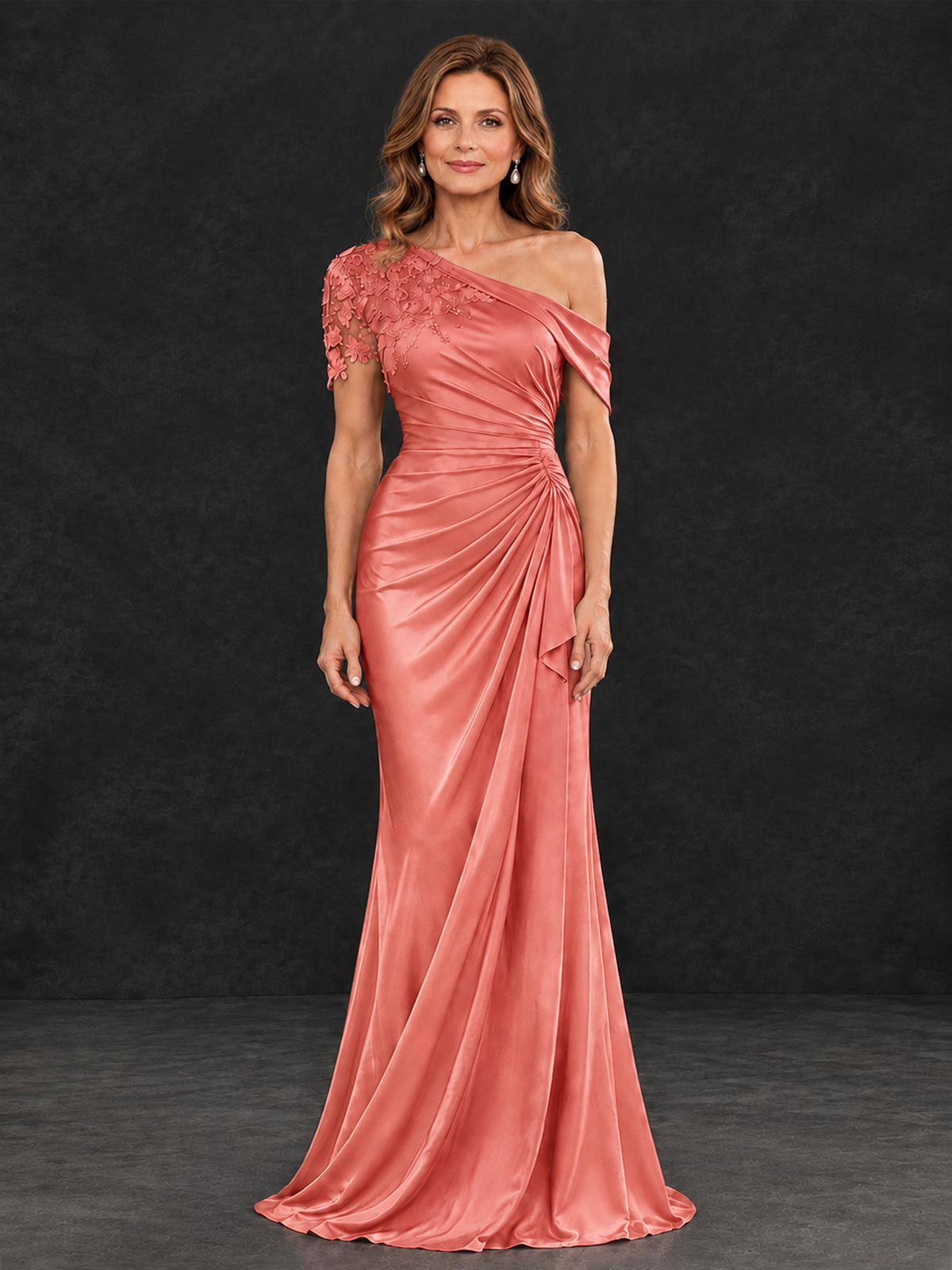 BOLODOO Coral Asymmetric Satin Mother of the Bride Dress with Lace Sleeve - Coral - Coral (1)