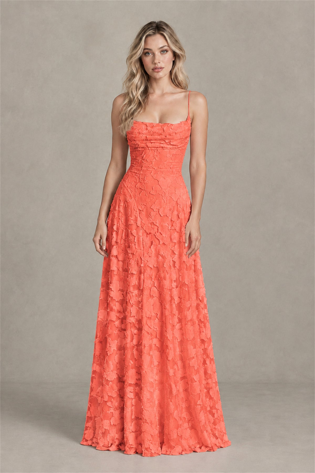 BOLODOO Coral Floral Appliqué Lace-Up Back Maxi Dress - Coral