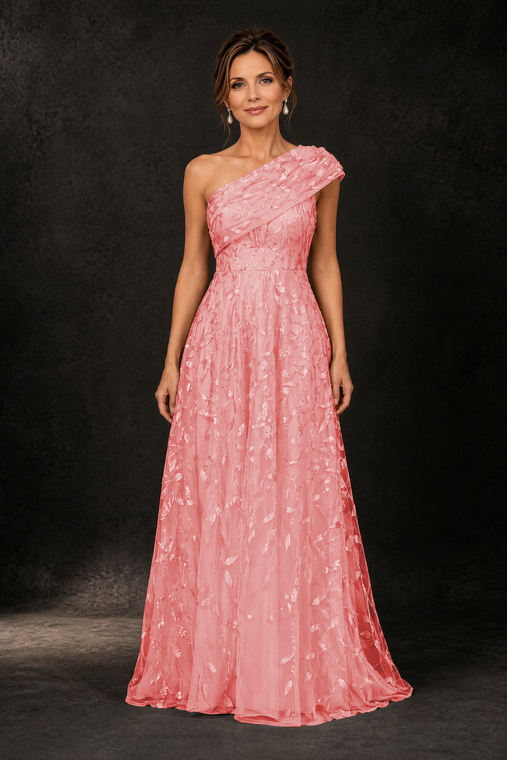 BOLODOO Coral Leaf Sequin One-Shoulder A-Line Maxi Gown – Mother of the Bride & Formal Evening Dress - Coral