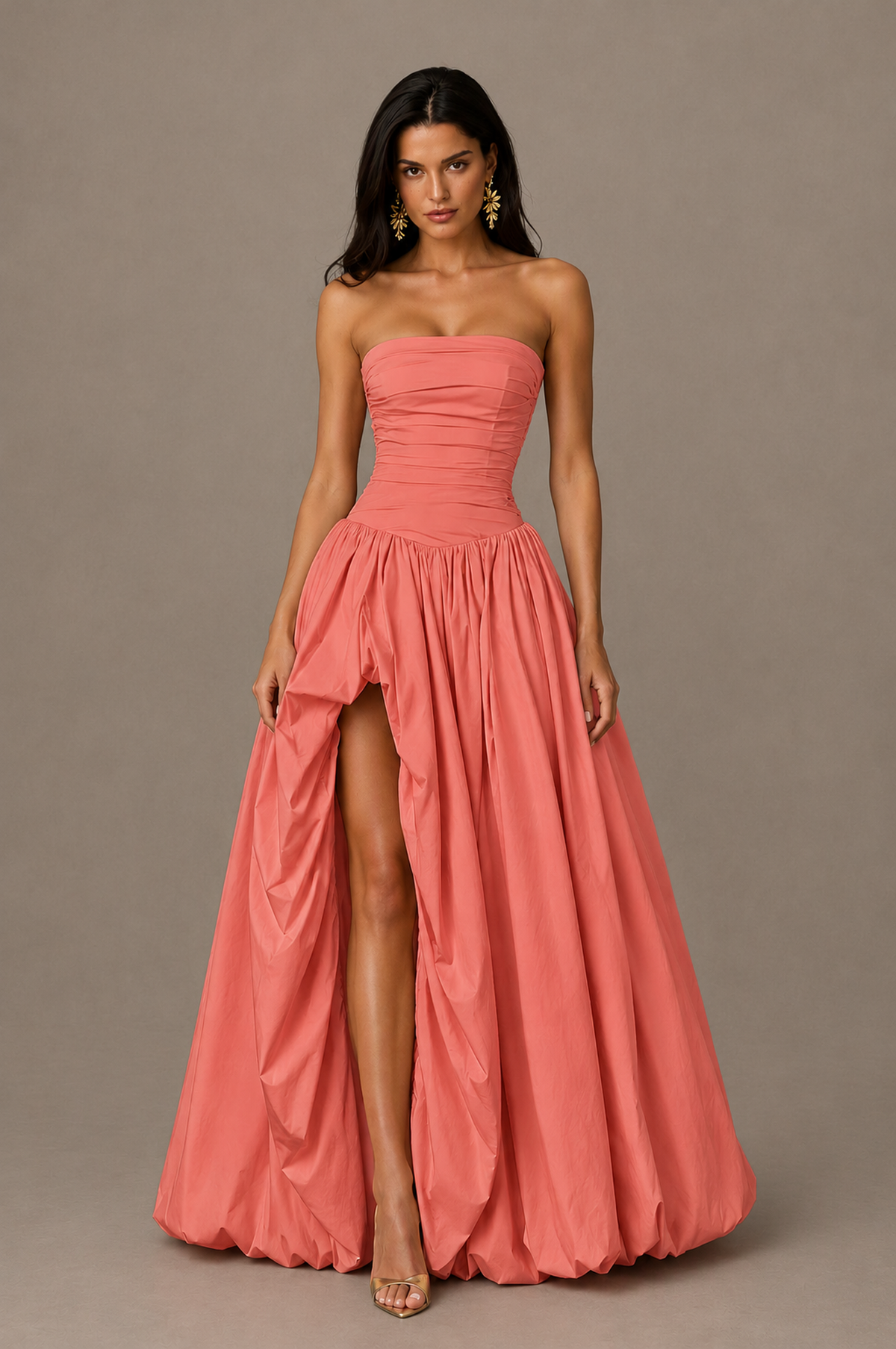 BOLODOO Coral Strapless Ruched Corset Lace-Up Back Bubble Skirt High Slit Taffeta Maxi Dress - Coral