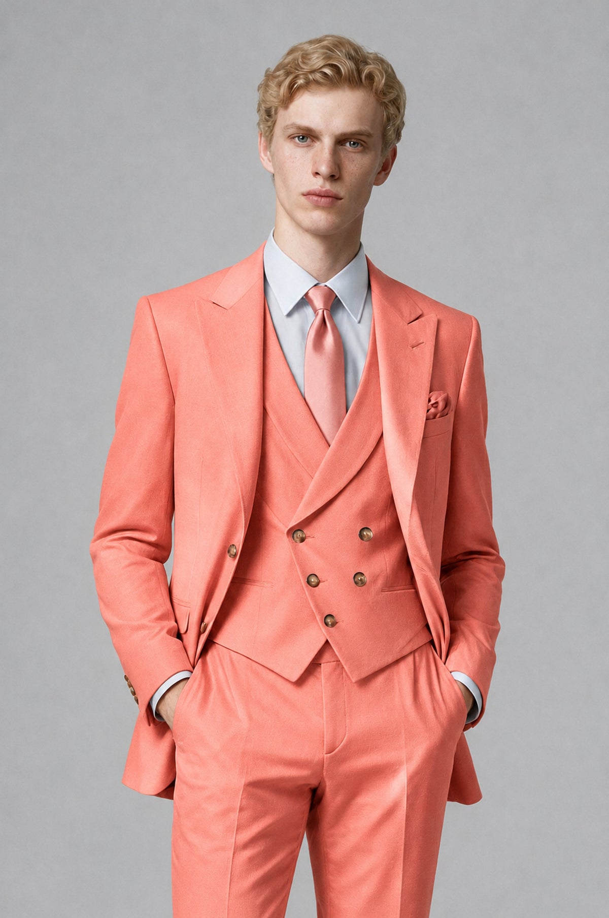 Bolodoo Men's Coral Two-Piece Suit with Notch-Lapel Jacket and Trousers - Coral - Coral (1)