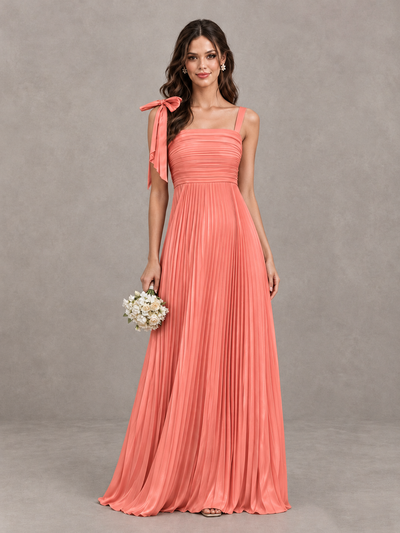 BOLODOO Coral Pleated Bow-Strap Bridesmaid Maxi Dress - Coral - Coral (1)