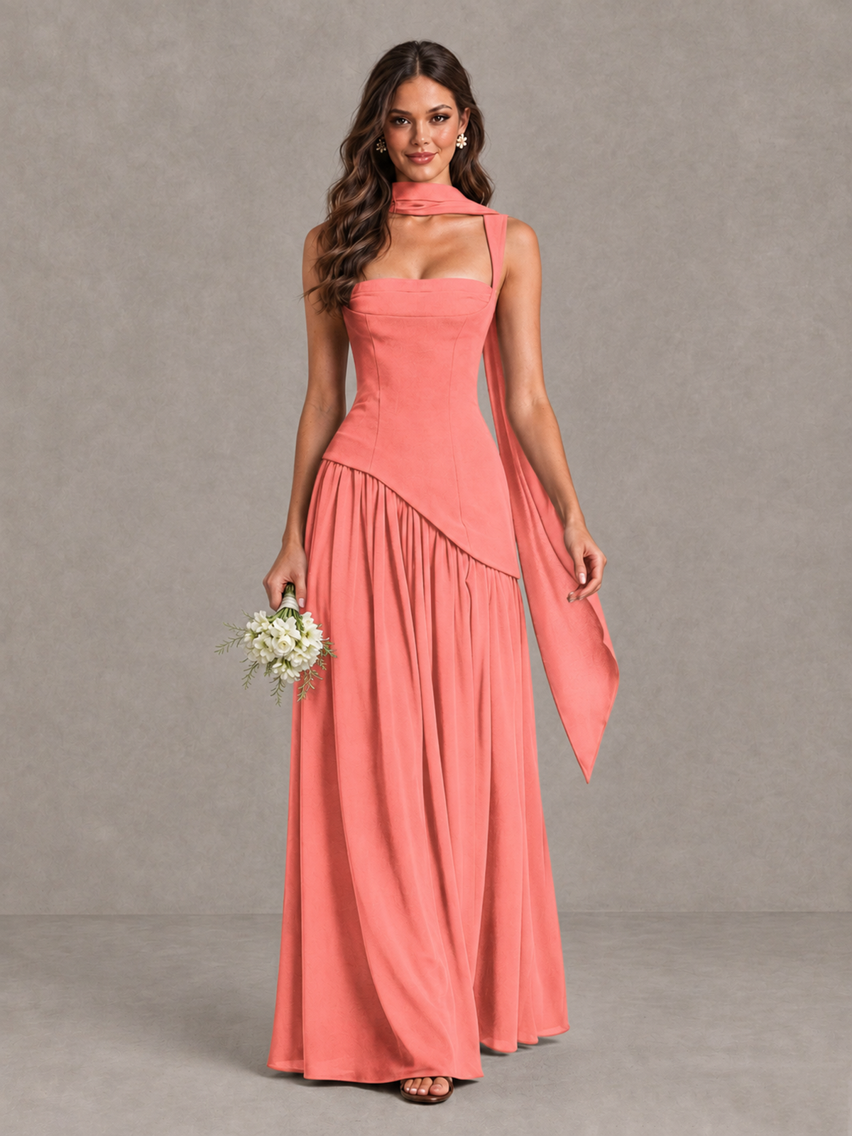 BOLODOO Coral Brown Scarf Bridesmaid Dress with Lace-Up Back - Coral - Coral (1)