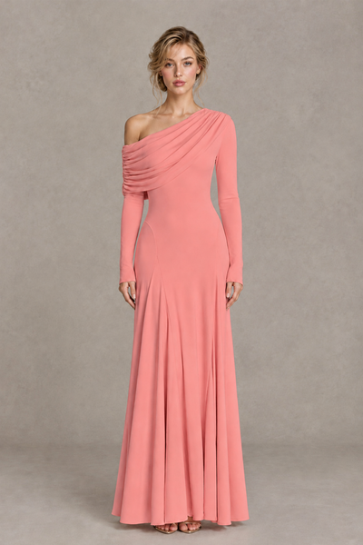 BOLODOO Coral Asymmetric Draped Long Sleeve Evening Gown - Coral