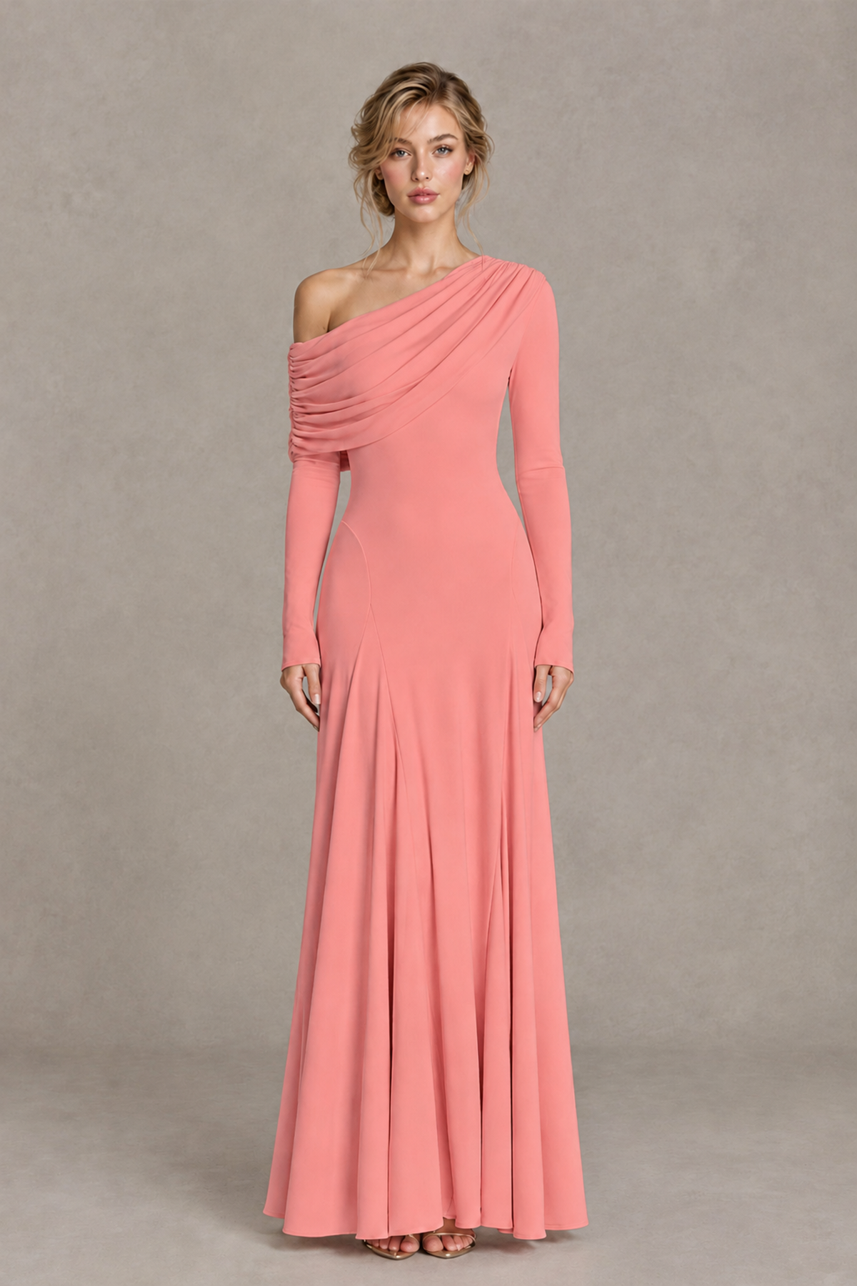 BOLODOO Coral Asymmetric Draped Long Sleeve Evening Gown - Coral