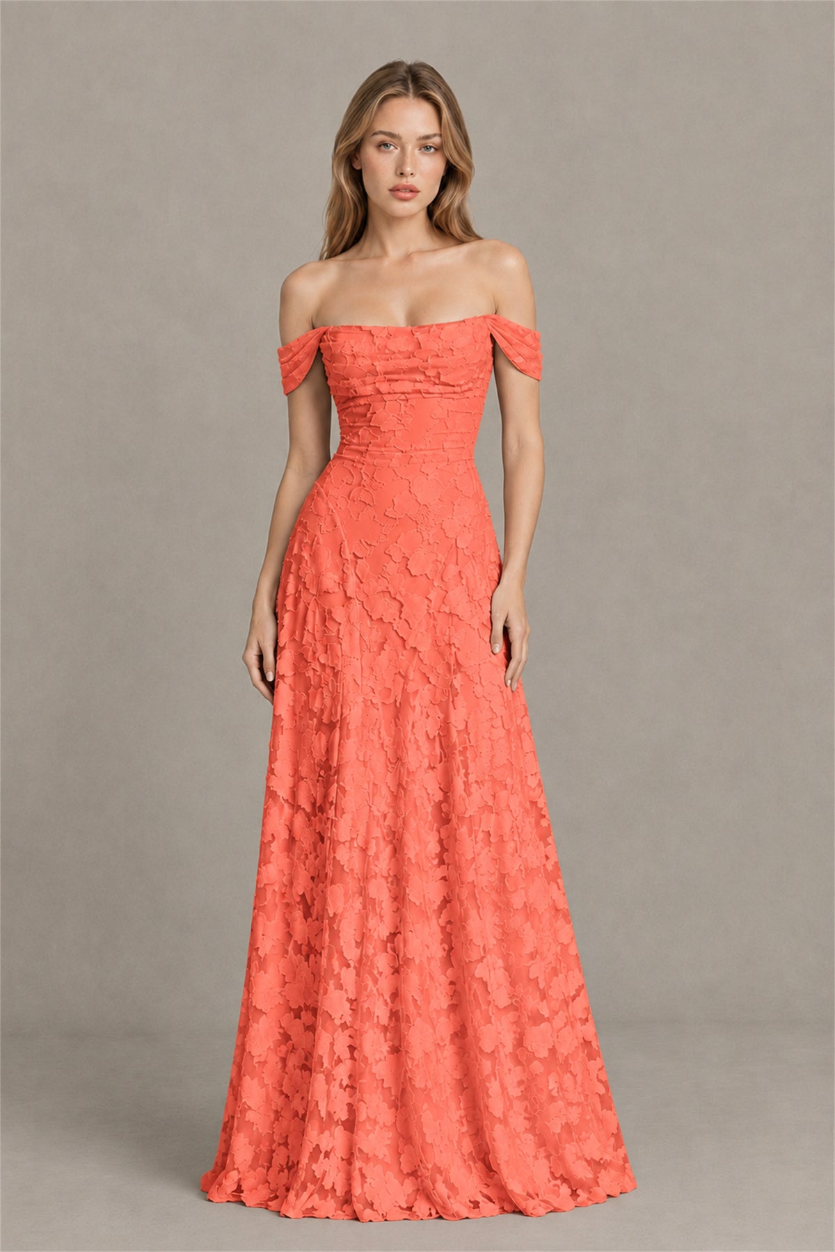 BOLODOO Coral Off-Shoulder Pleated A-Line Maxi Dress Floral - Coral