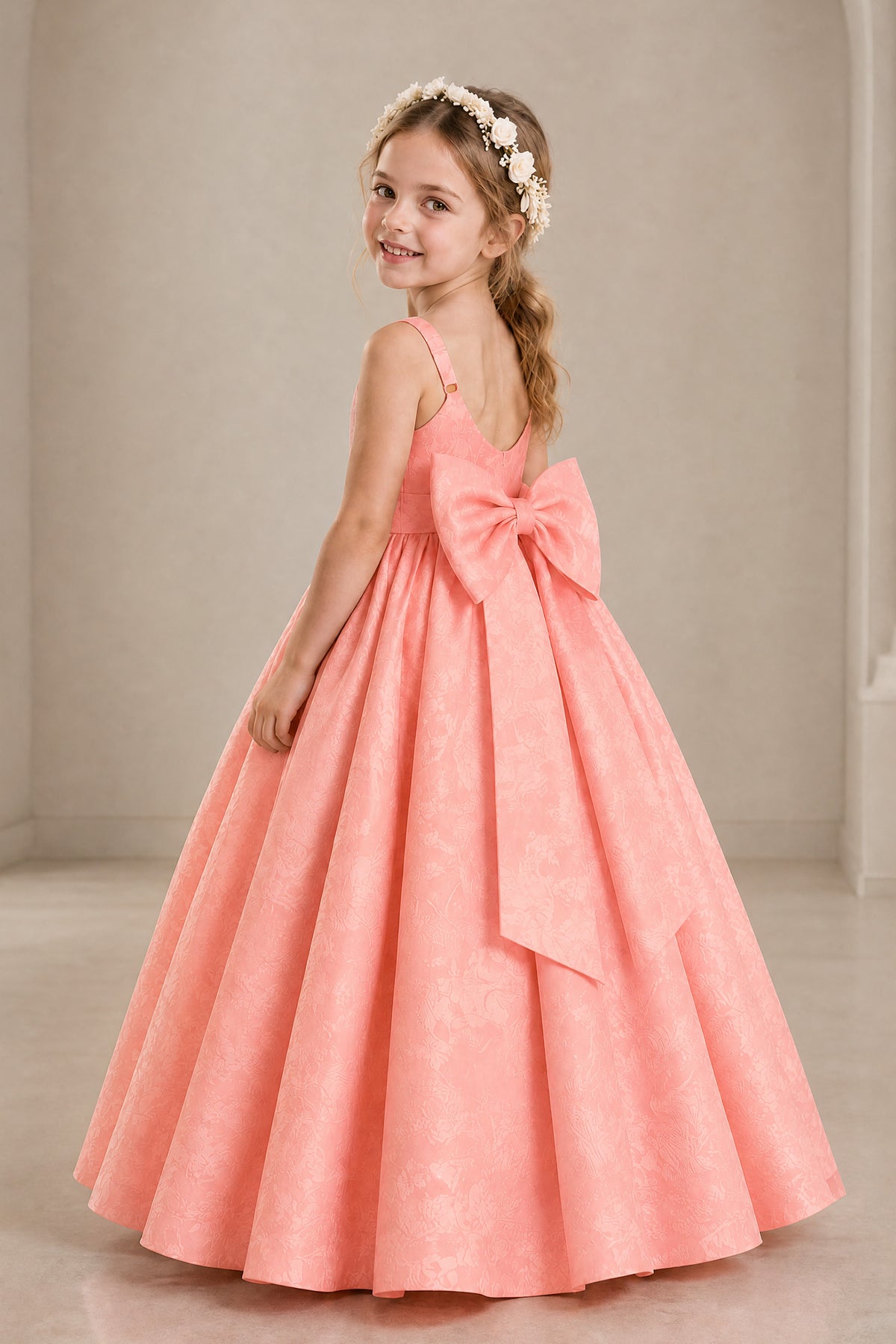 BOLODOO Coral Girls' A-Line Flower Girl Dress with Back Bow - Coral