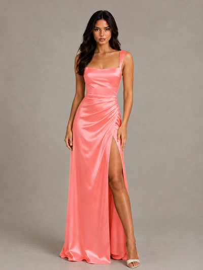 BOLODOO Coral Satin Lace-Up Bridesmaid Dress with Slit - Coral - Coral (1)