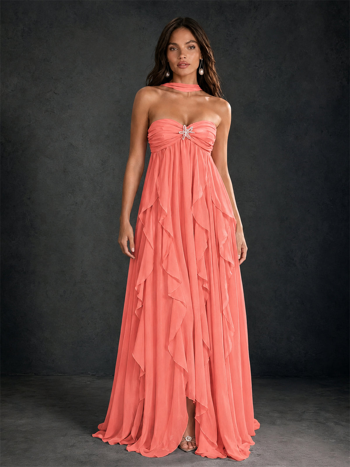 BOLODOO Coral Halter Neck Cascading Ruffle Chiffon Maxi Dress | Keyhole Open Back - Coral