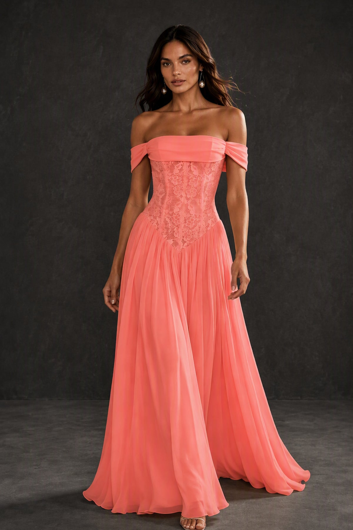 BOLODOO Coral Off-Shoulder Lace Corset Tulle Maxi Dress - Coral