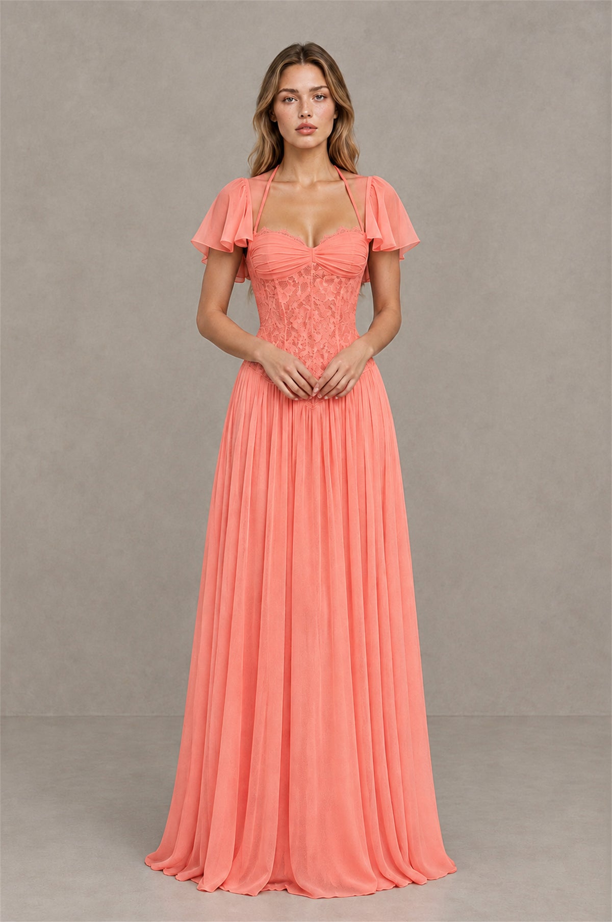 BOLODOO Coral Flutter Sleeve Lace Corset A-Line Maxi Dress - Coral - Coral (1)