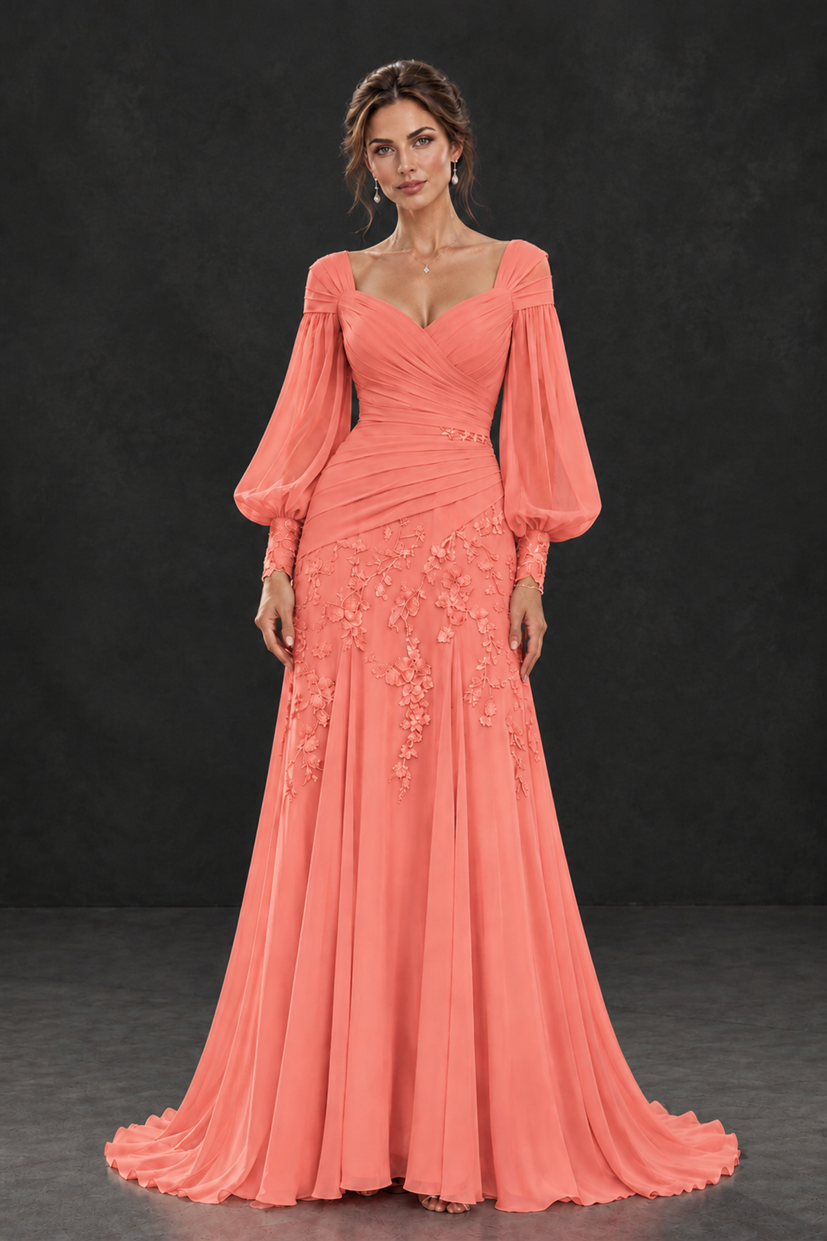 BOLODOO Coral Long Sleeve Mother of the Bride Dress with Floral Appliqués - Coral - Coral (1)