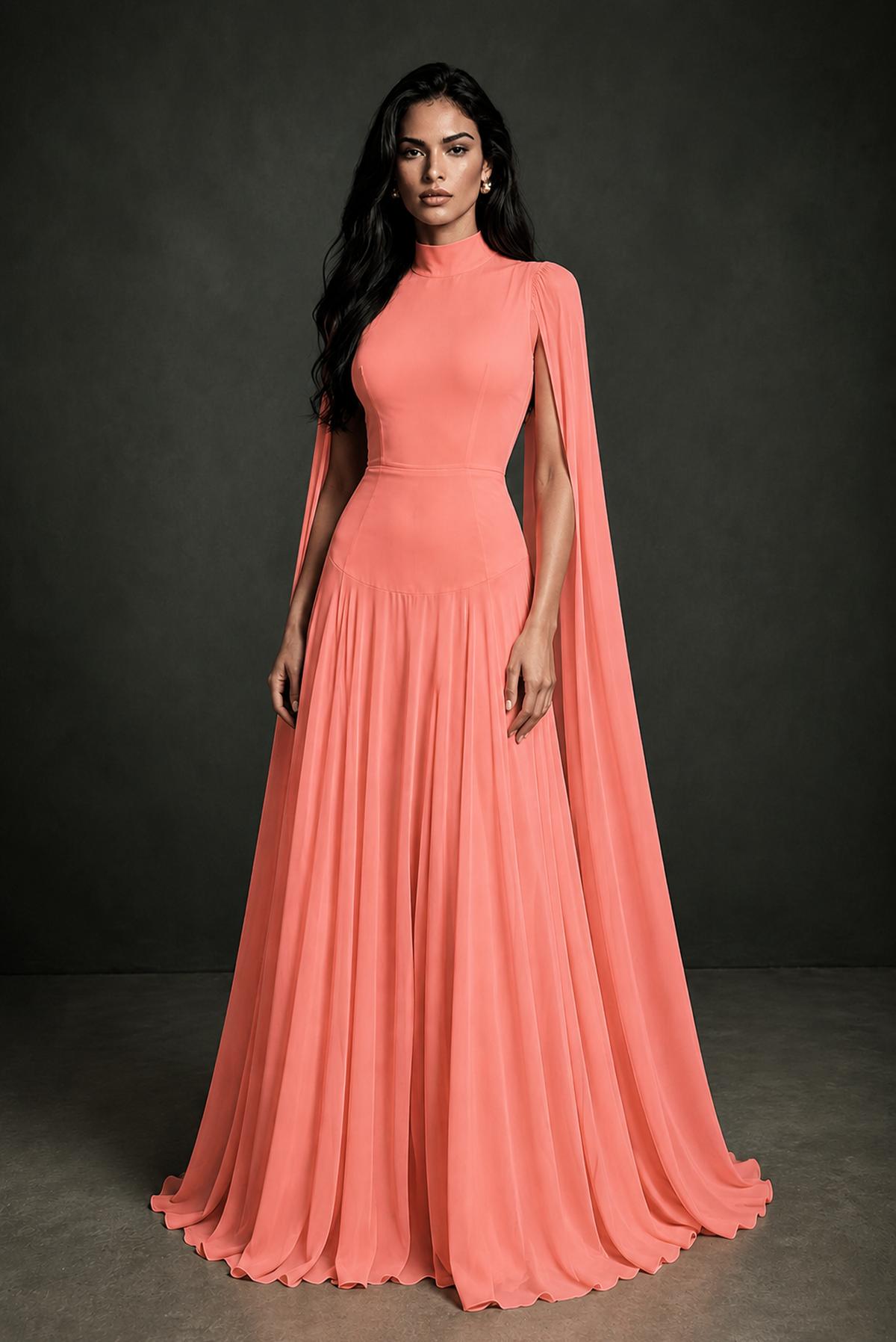 BOLODOO Coral Mock Neck Cape Sleeve A-Line Chiffon Maxi Dress - Coral