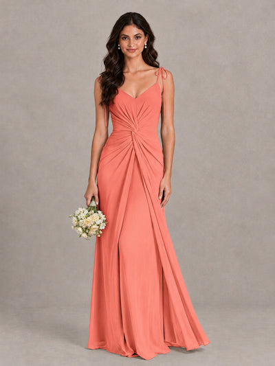 BOLODOO Coral Tie-Strap Ruched Open-Back Bridesmaid Dress - Coral - Coral (1)