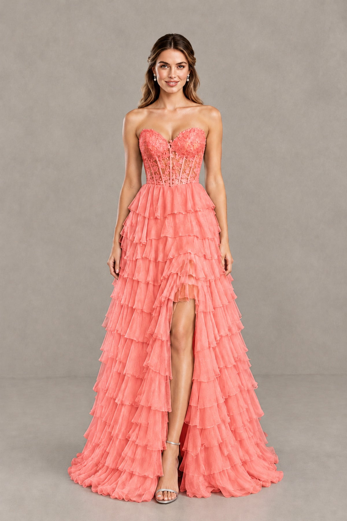 BOLODOO Coral Strapless Lace Corset Tiered Ruffle Prom Dress with Slit - Coral - Coral (1)