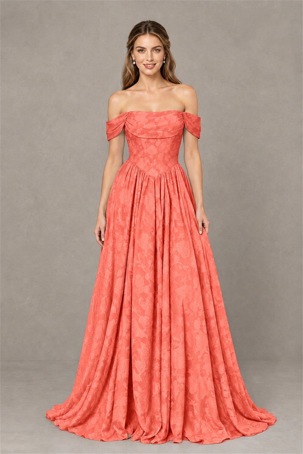 BOLODOO Coral Off-Shoulder Floral A-Line Maxi Dress - Coral