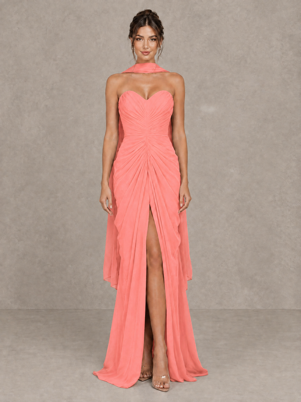 BOLODOO Coral Strapless Ruched Maxi Dress with Scarf and Slit - Coral