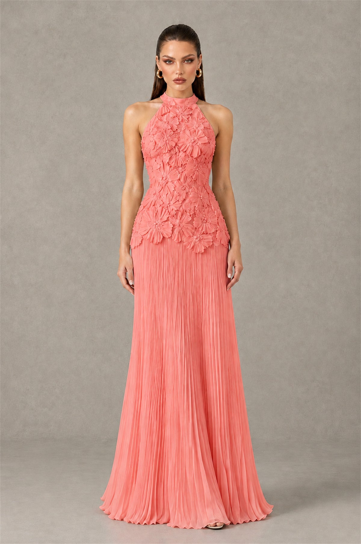 BOLODOO Coral 3D Floral Applique Halter Neck Open Back Pleated Maxi Dress - Coral
