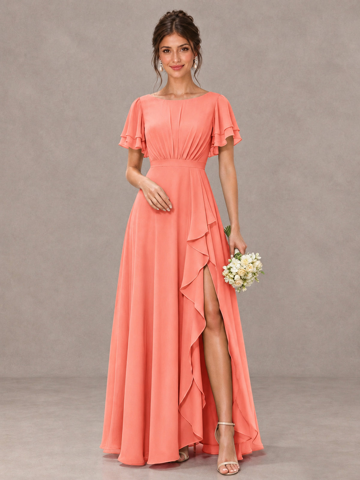 BOLODOO Coral Flutter Sleeve Ruffle Bridesmaid Dress with Slit - Coral - Coral (1)