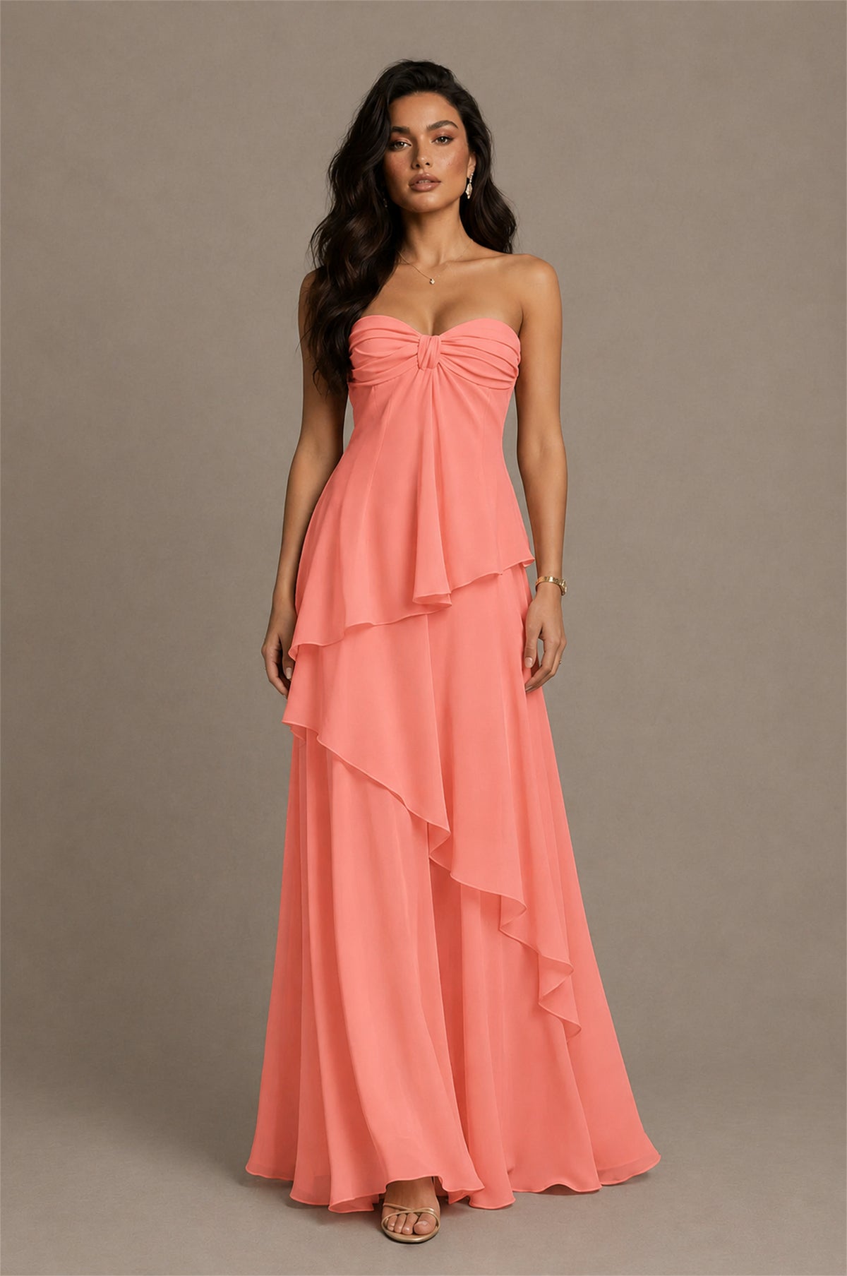BOLODOO Coral Strapless Sweetheart Knotted Chiffon Tiered Maxi Dress with Lace-Up Back - Coral