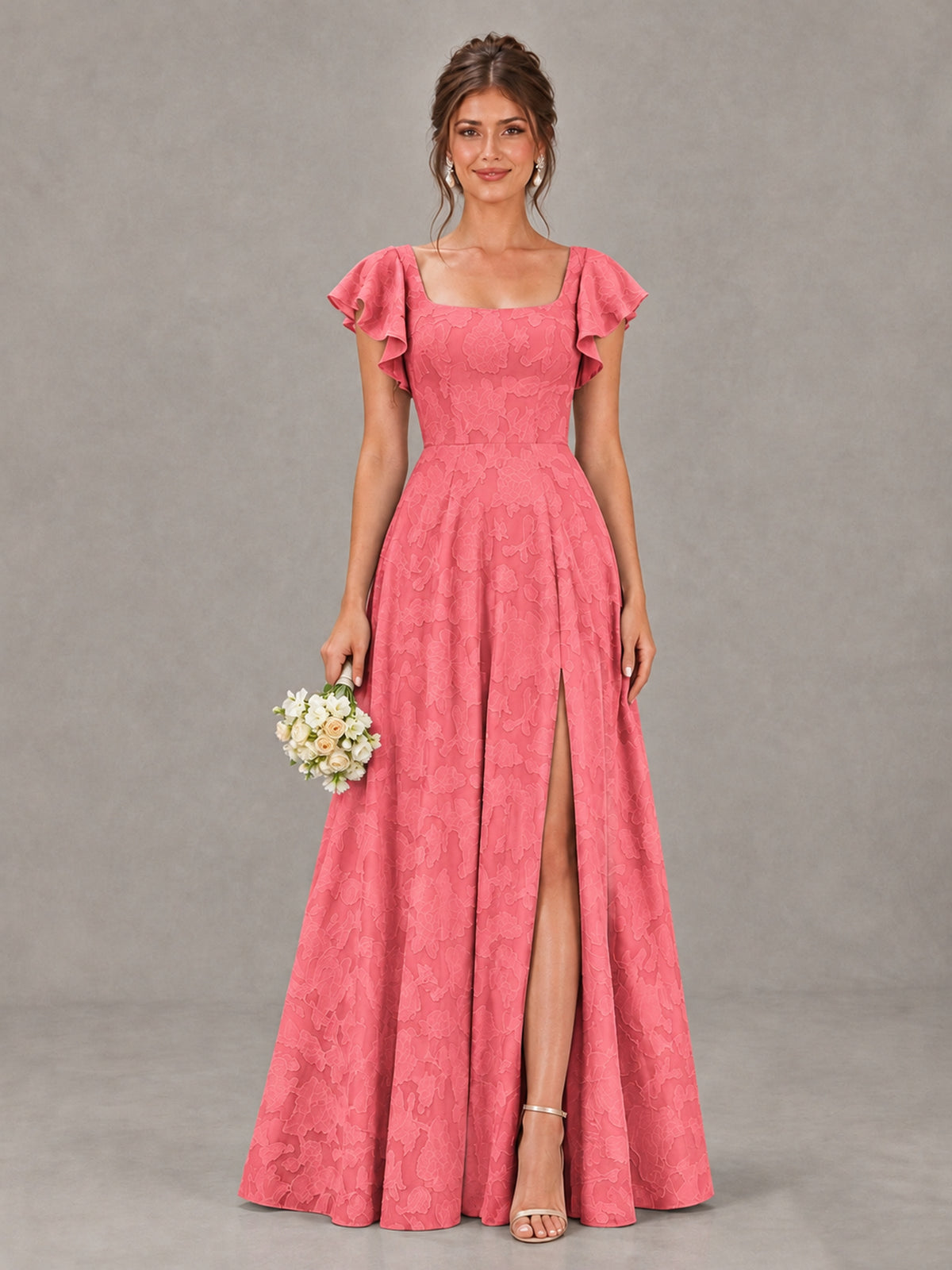 BOLODOO Coral Floral Flutter Sleeve Bridesmaid Dress with Slit - Coral - Coral (1)