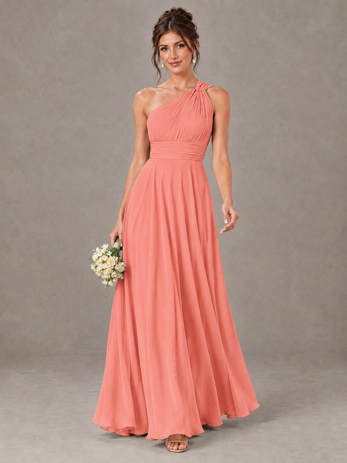 BOLODOO Coral One-Shoulder Chiffon-Look Bridesmaid Dress - Coral - Coral (1)