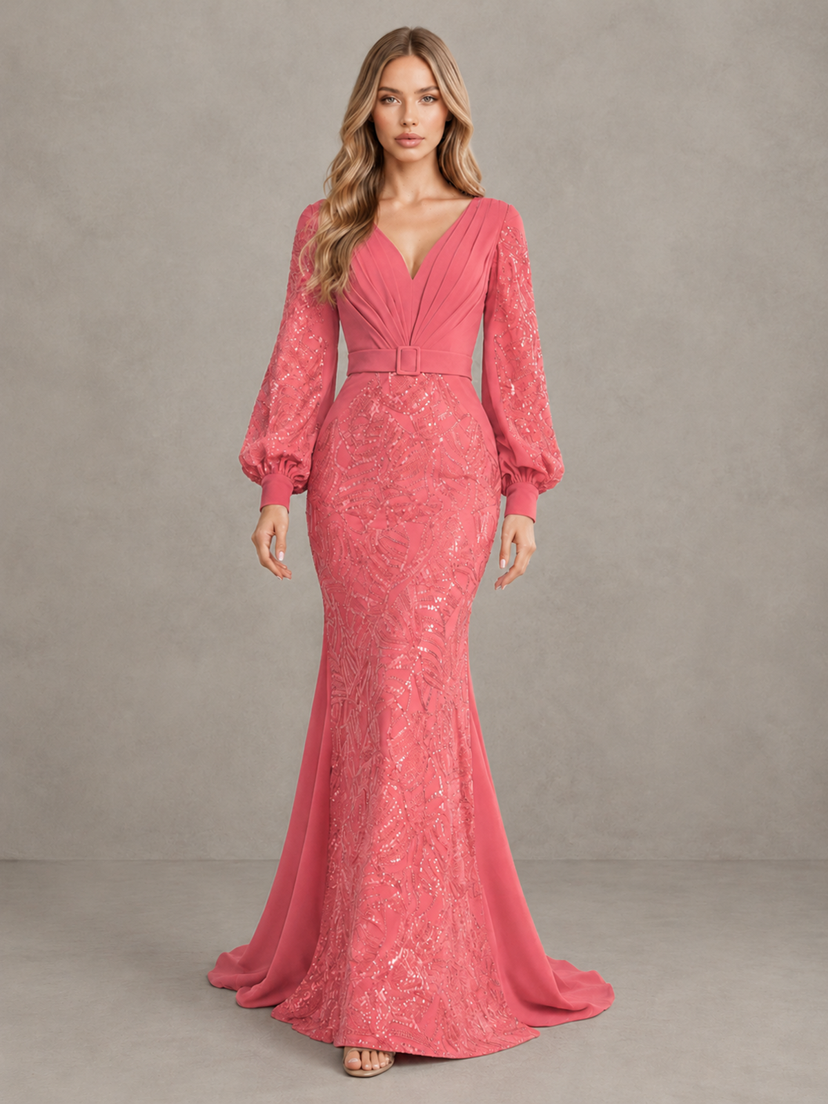 BOLODOO Coral Sequin Long Bishop Sleeve Mermaid Evening Dress - Coral - Coral (1)