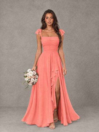 BOLODOO Coral Bow-Strap Bridesmaid Dress with Ruffle Slit - Coral - Coral (1)