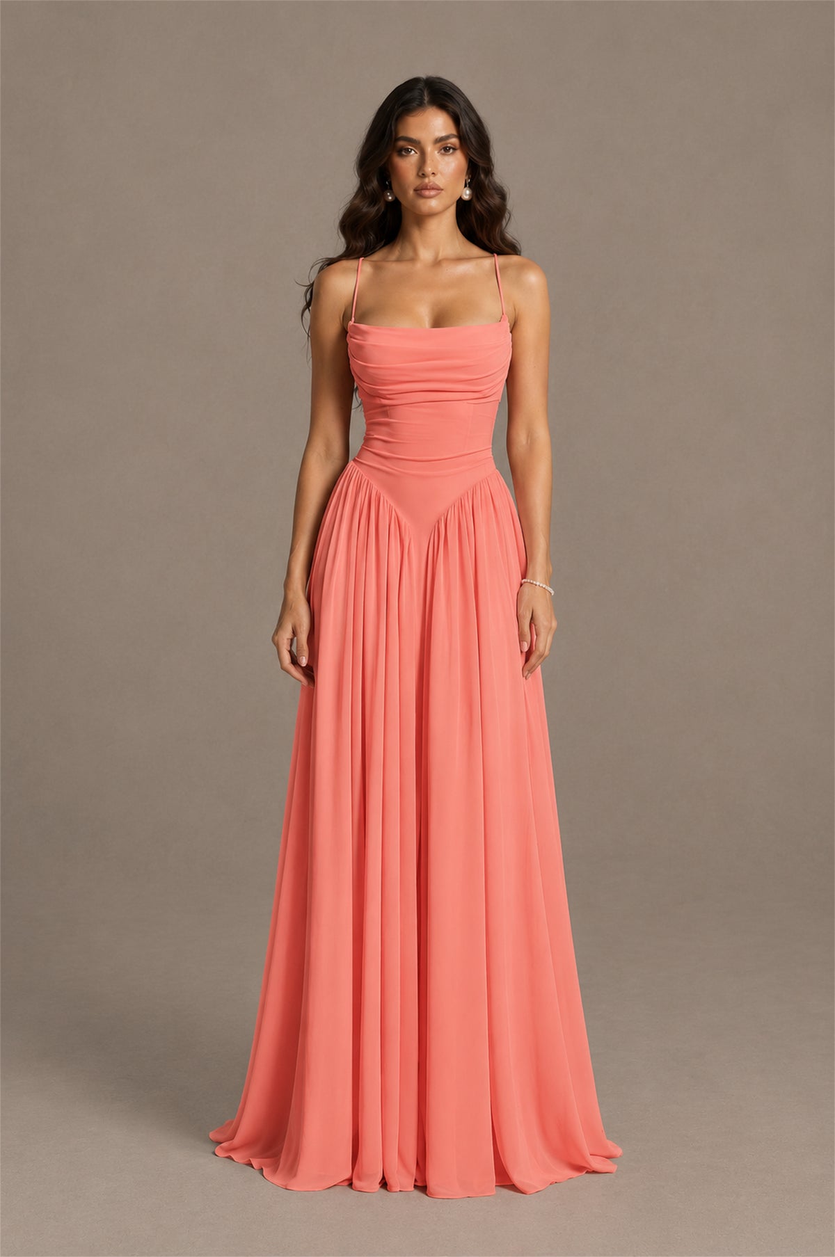 BOLODOO Coral Spaghetti Strap Square Neck Ruched Chiffon Maxi Dress with Lace-Up Back - Coral