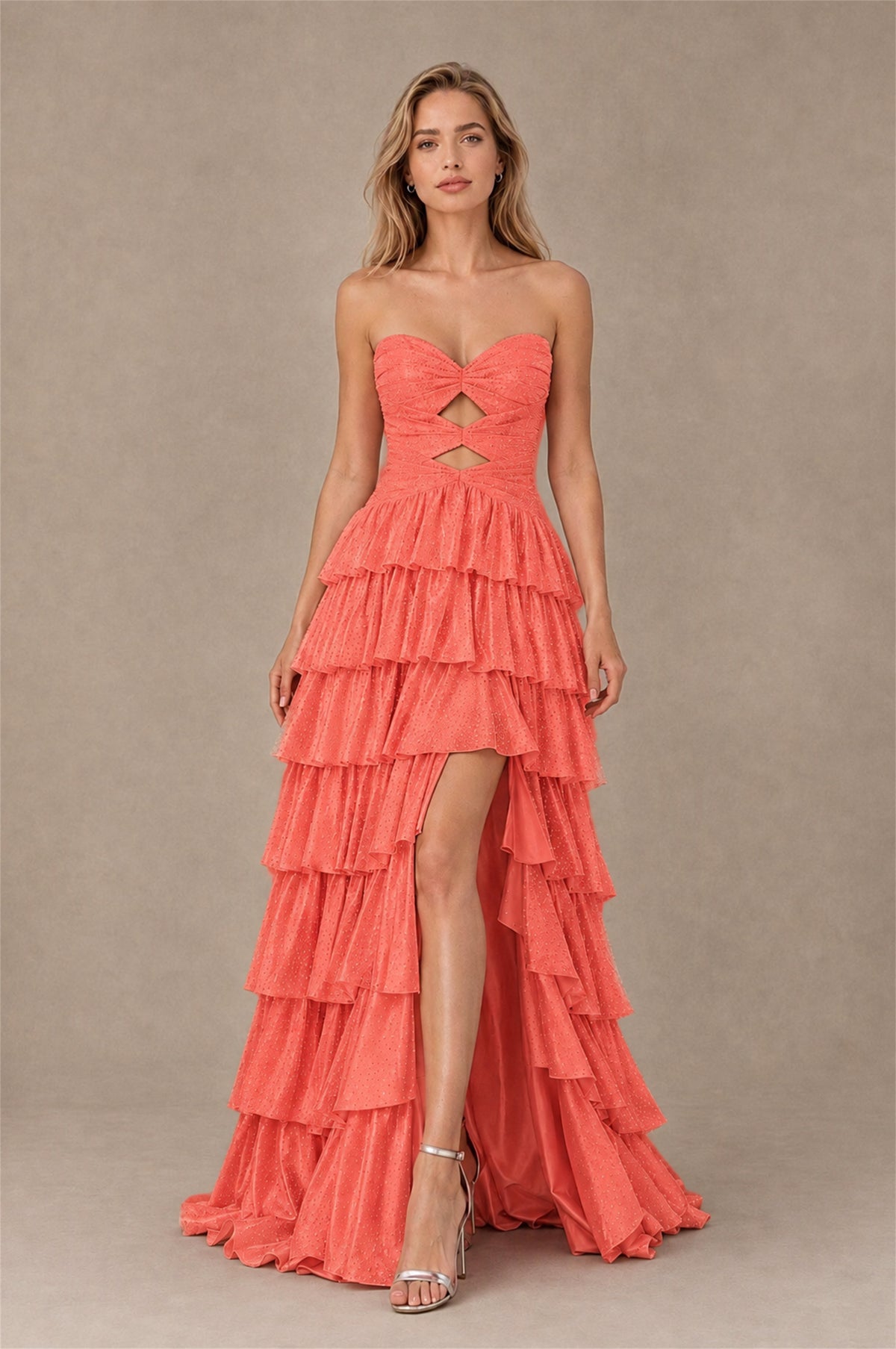 BOLODOO Coral Strapless Cutout Tiered Ruffle Prom Dress with High Slit - Coral - Coral (1)