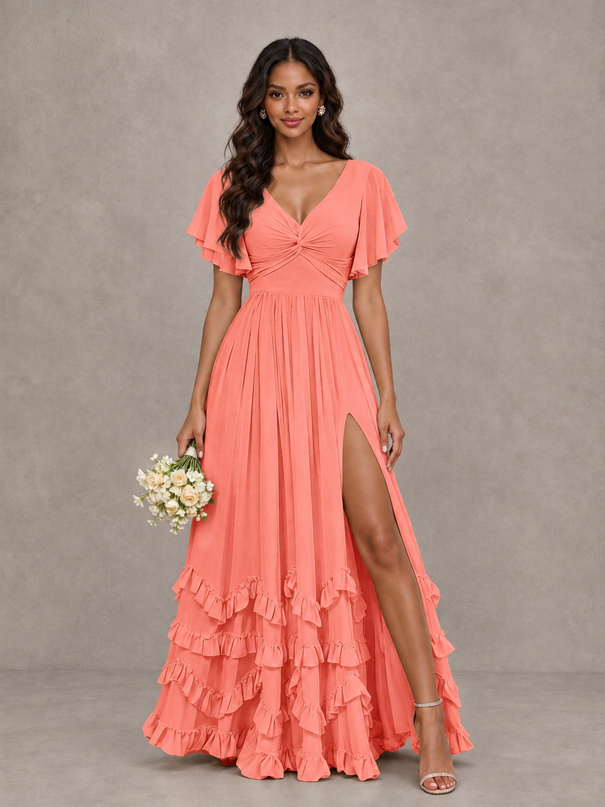 BOLODOO Coral V-Neck Flutter Sleeve Ruffle Bridesmaid Dress with Slit - Coral - Coral (1)