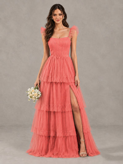 BOLODOO Coral Tiered Tulle Bridesmaid Dress with Slit - Coral - Coral (1)