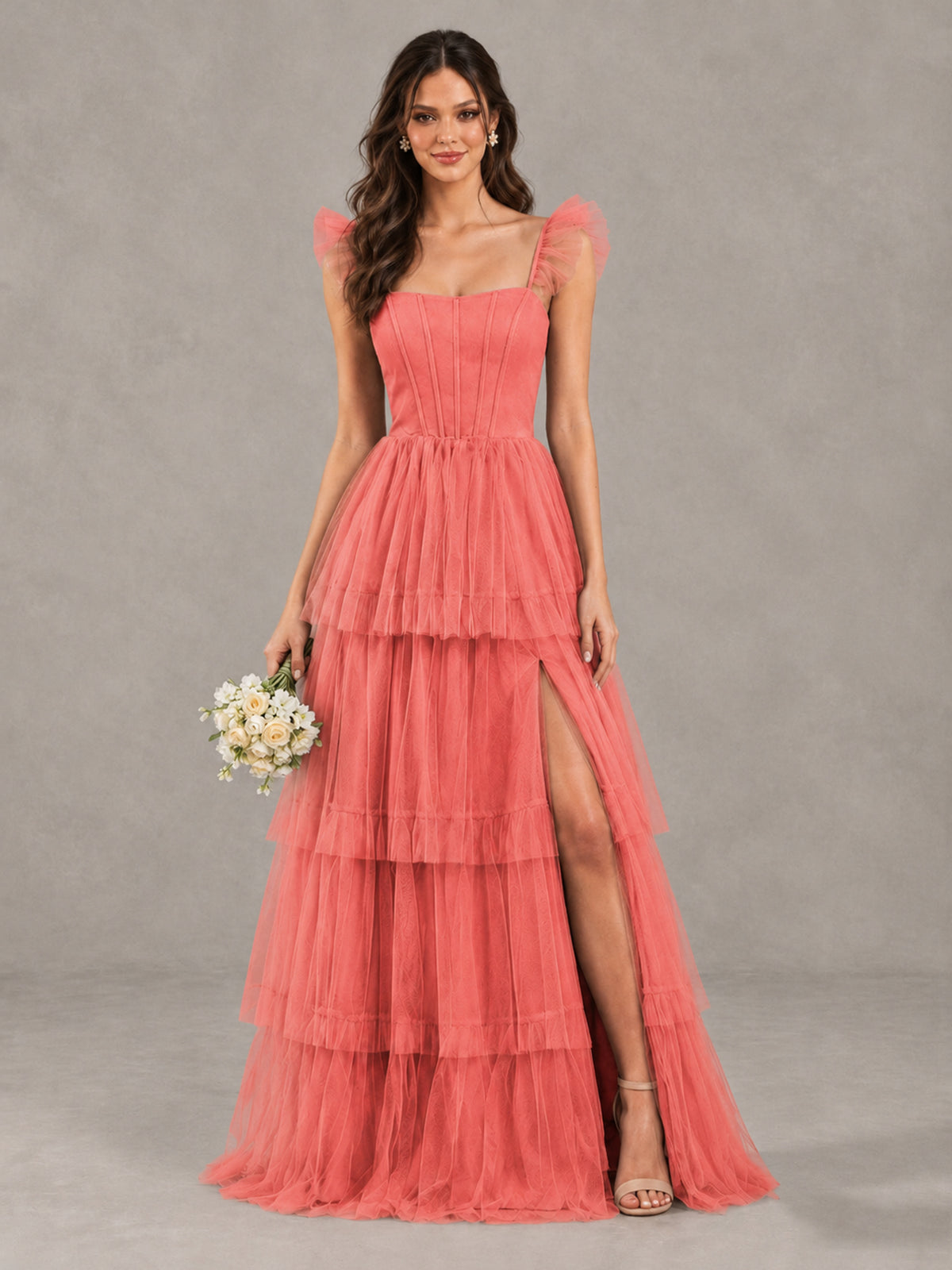 BOLODOO Coral Tiered Tulle Bridesmaid Dress with Slit - Coral - Coral (1)