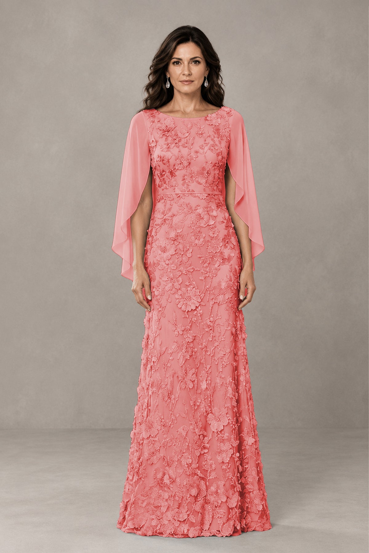 BOLODOO Coral Lace Mother of the Bride Dress with Cape Sleeves - Coral
