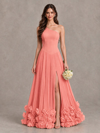 BOLODOO Coral One Shoulder Pleated Bridesmaid Dress with 3D Floral Hem and High Slit - Coral - Coral (1)