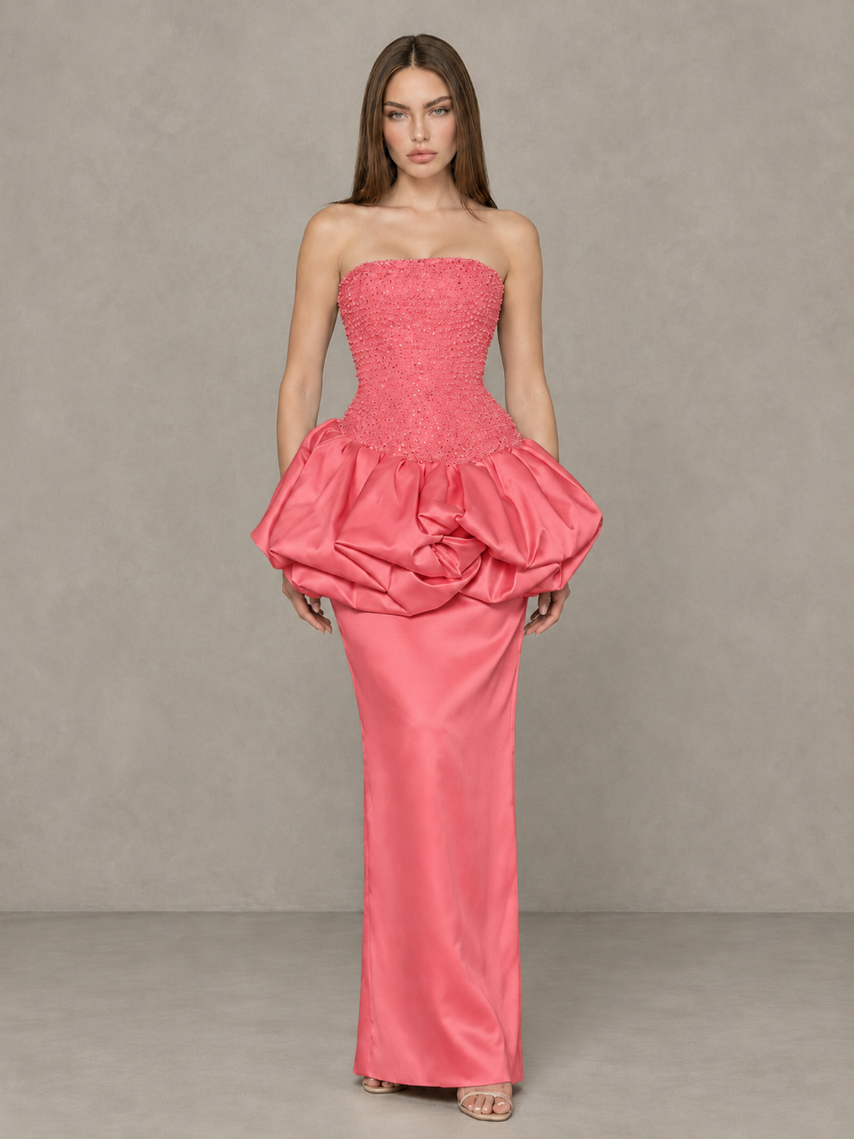 BOLODOO Coral Strapless Embellished Bubble Peplum Evening Dress - Coral - Coral (1)