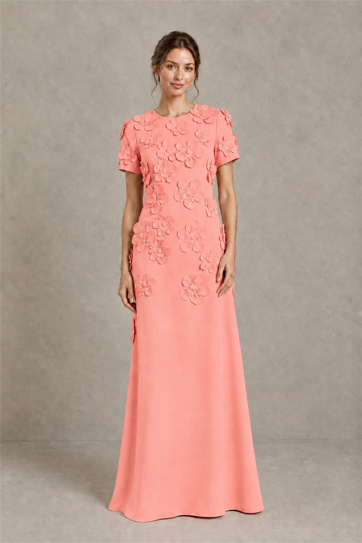BOLODOO Coral Textured Floral Maxi Dress with Short Sleeves - Coral